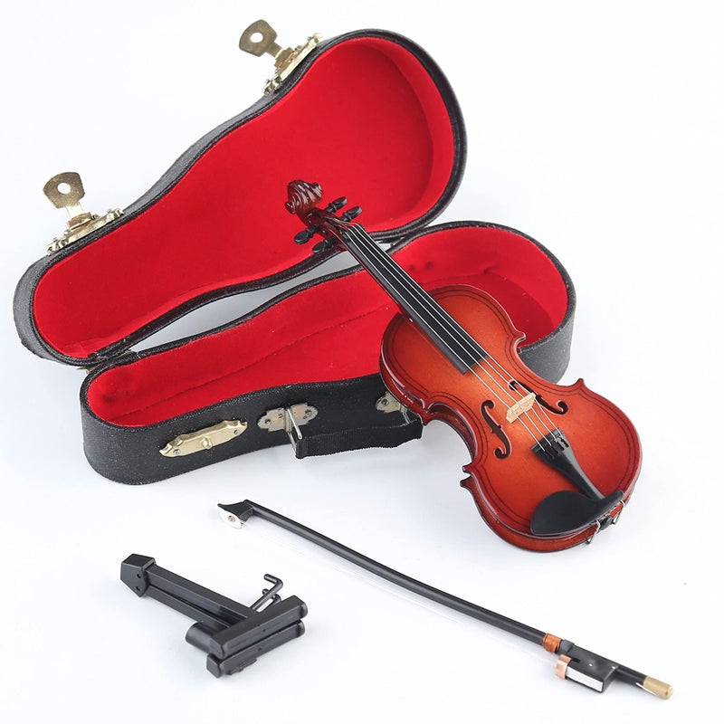 Dselvgvu Wooden Miniature Violin with Stand, Bow and Case Mini Musical Instrument Violin Replica Collectible Figurines Dollhouse Accessories Model Home Decoration Display Ornament (5.63"x2.05"x0.75") - Image 1